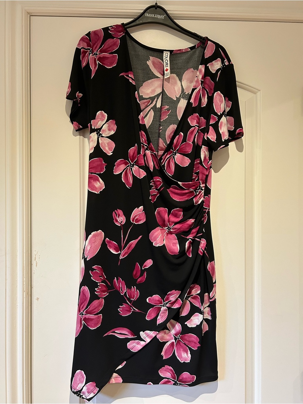 Colori Black Mini Wrap Dress with Pink Floral Print